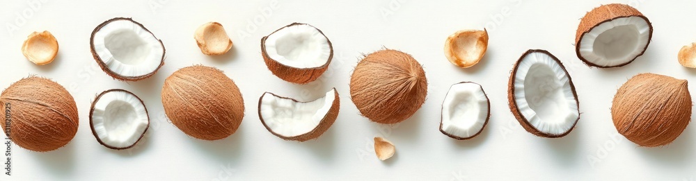 Set of coconuts, whole and cut in half with spaces for text on a white background, top view Set of coconuts, whole and cut in half with spaces for text on a white background, top view