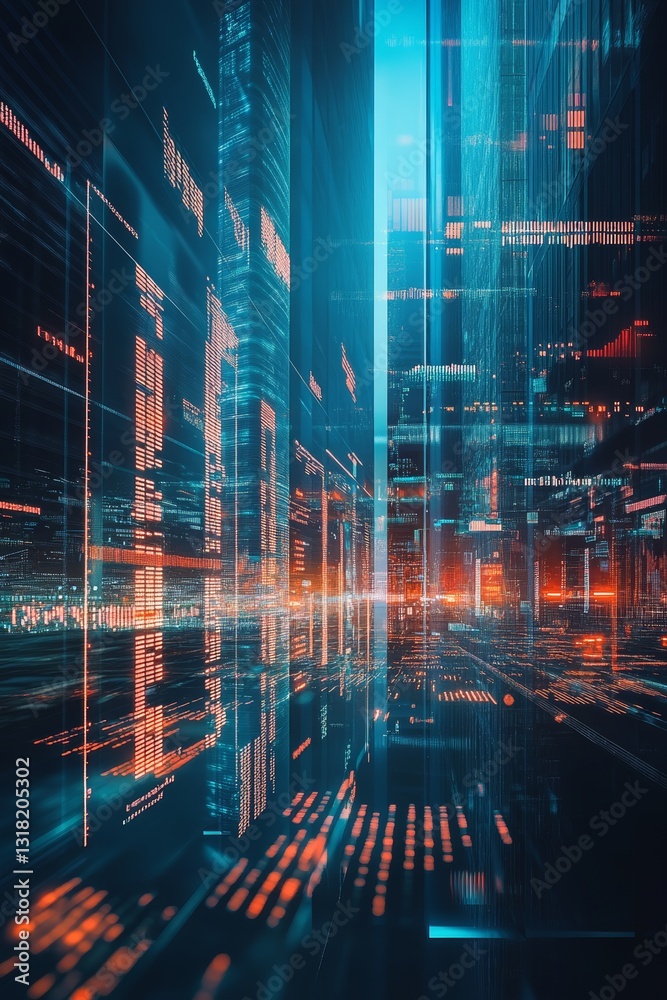 Immerse yourself in a vibrant futuristic urban scene featuring a blend of digital data overlays and neon lights illuminating towering skyscrapers.