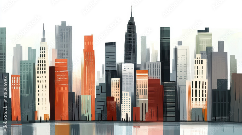 Fototapeta premium Abstract cityscape with diverse buildings and reflections