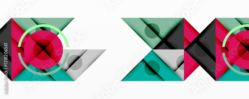 Geometric abstract design with layered triangles, circles, and gradients, forming a structured pattern with sharp contrasts and depth
