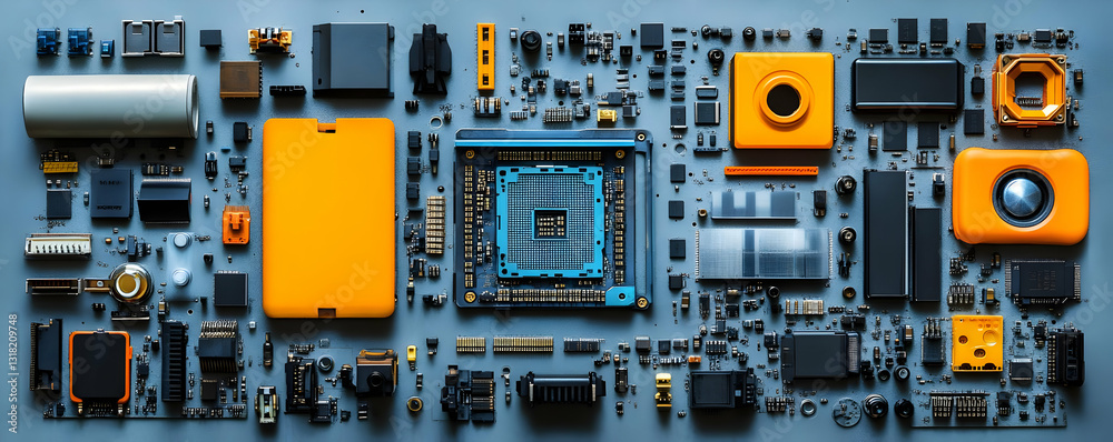 Fototapeta premium Tech components flatlay, CPU center