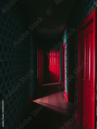 Red Doors and Patterned Wallpaper in a Dark Corridor, hallway, room, interior design, vintage, retro