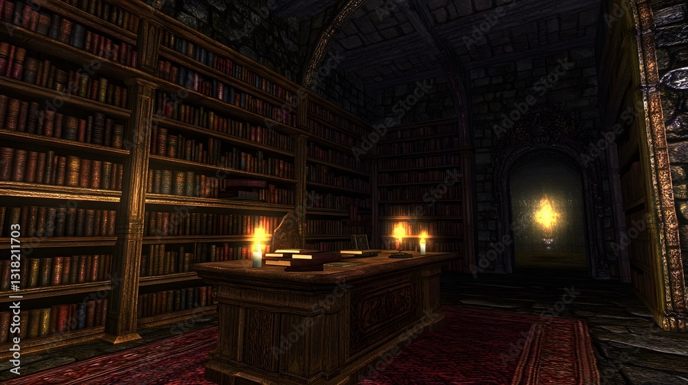 Obraz premium Literary Sanctuary: A dimly lit library with towering shelves lined with books, inviting a sense of knowledge and scholarly pursuit. The presence of a desk and candles adds to the atmosphere.