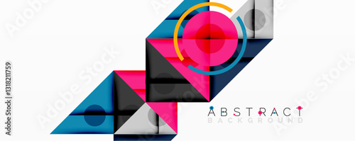 Geometric abstract design with layered triangles, circles, and gradients, forming a structured pattern with sharp contrasts and depth