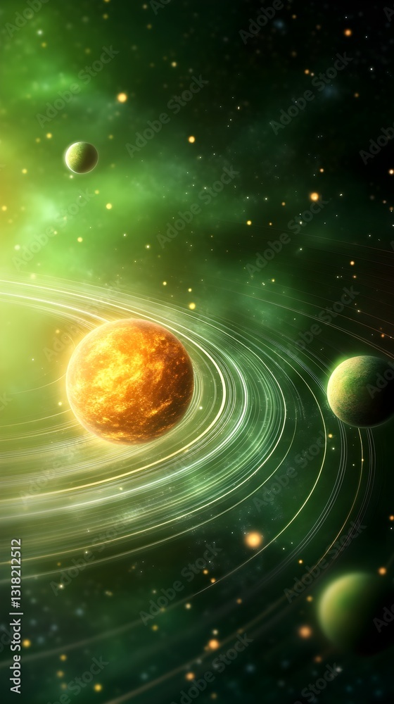 Obraz premium A green and yellow planet is surrounded by other planets in a ring
