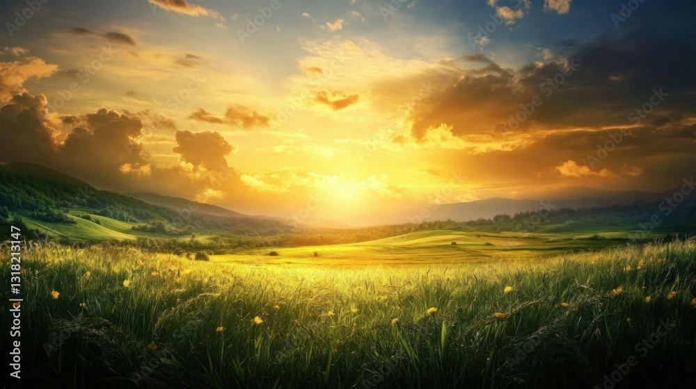Fototapeta premium Vibrant sunset over rolling green hills and fields.
