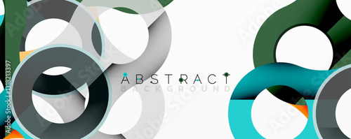 Abstract circle element composition with overlapping circular and tubular shapes featuring smooth gradients, transparency effects, and dynamic layering