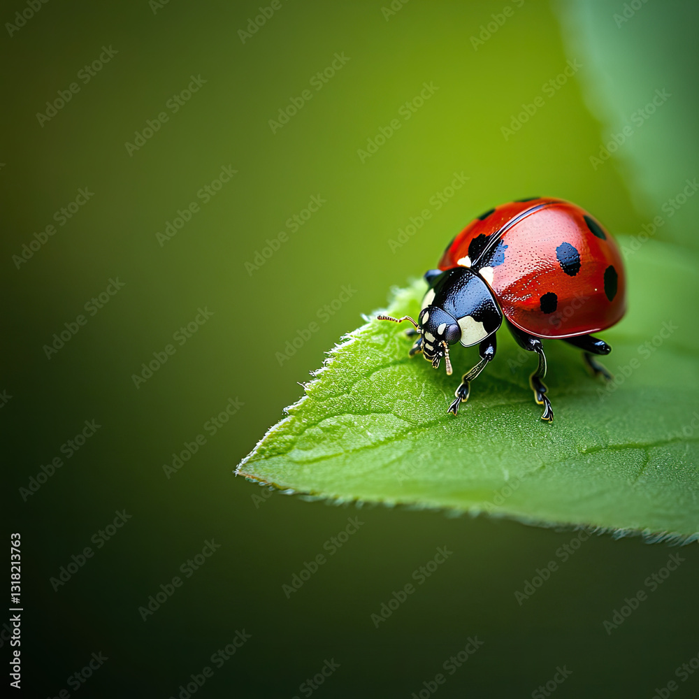 Ladybug perched delicately on a green leaf. Dark background Ladybug perched delicately on a green leaf. Dark background