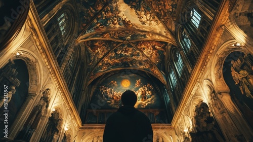 A person gazes in awe at the stunning ceiling artwork. The intricate details and vibrant colors create a mesmerizing atmosphere. Art and spirituality intertwine beautifully. Generative AI