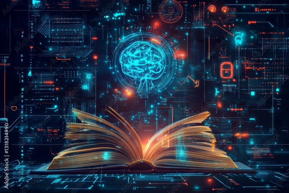 This captivating image features an open book with a glowing brain graphic above it, symbolizing the fusion of traditional knowledge and modern technology. This captivating image features an open book with a glowing brain graphic above it, symbolizing the fusion of traditional knowledge and modern technology.