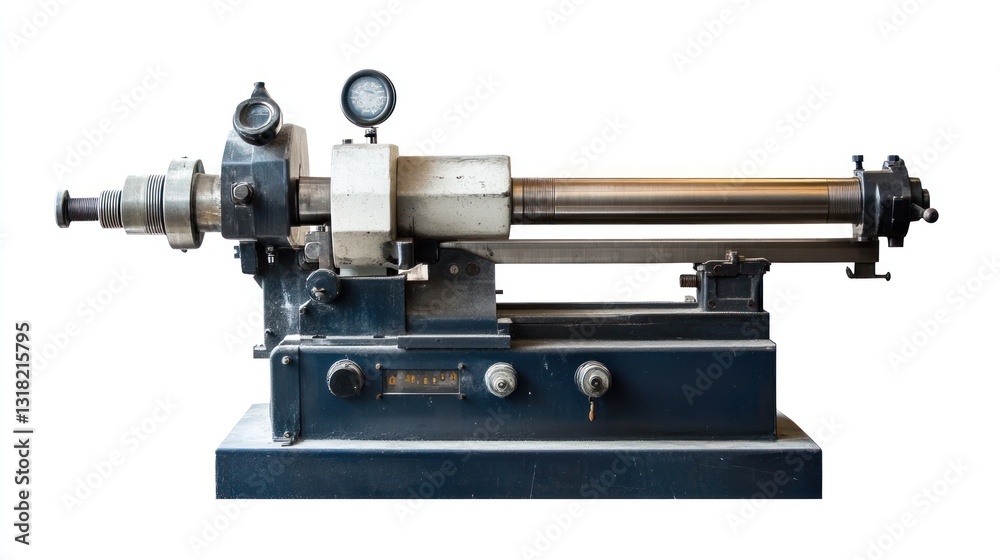Fototapeta premium Vintage industrial machine, dark blue metal, long cylindrical component, gauges, knobs, isolated on white background.