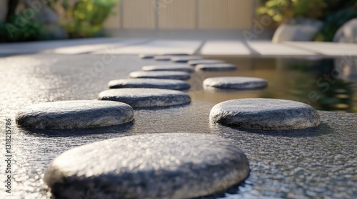Stones arranged as a path across water in a garden setting photo