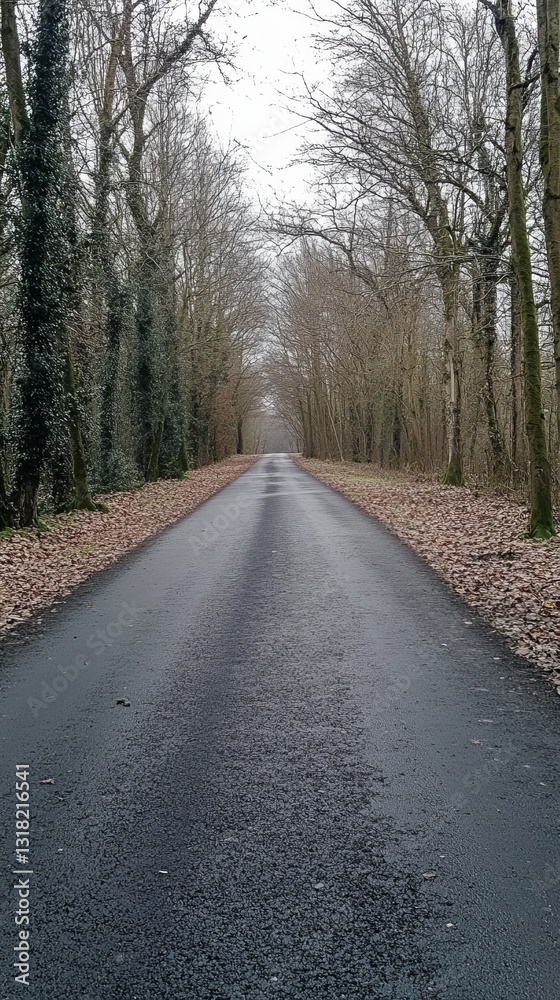 A serene empty road stretches through a tranquil forest, lined by leafless trees. The peaceful scenery invites reflection and exploration in a quiet atmosphere. A serene empty road stretches through a tranquil forest, lined by leafless trees. The peaceful scenery invites reflection and exploration in a quiet atmosphere.