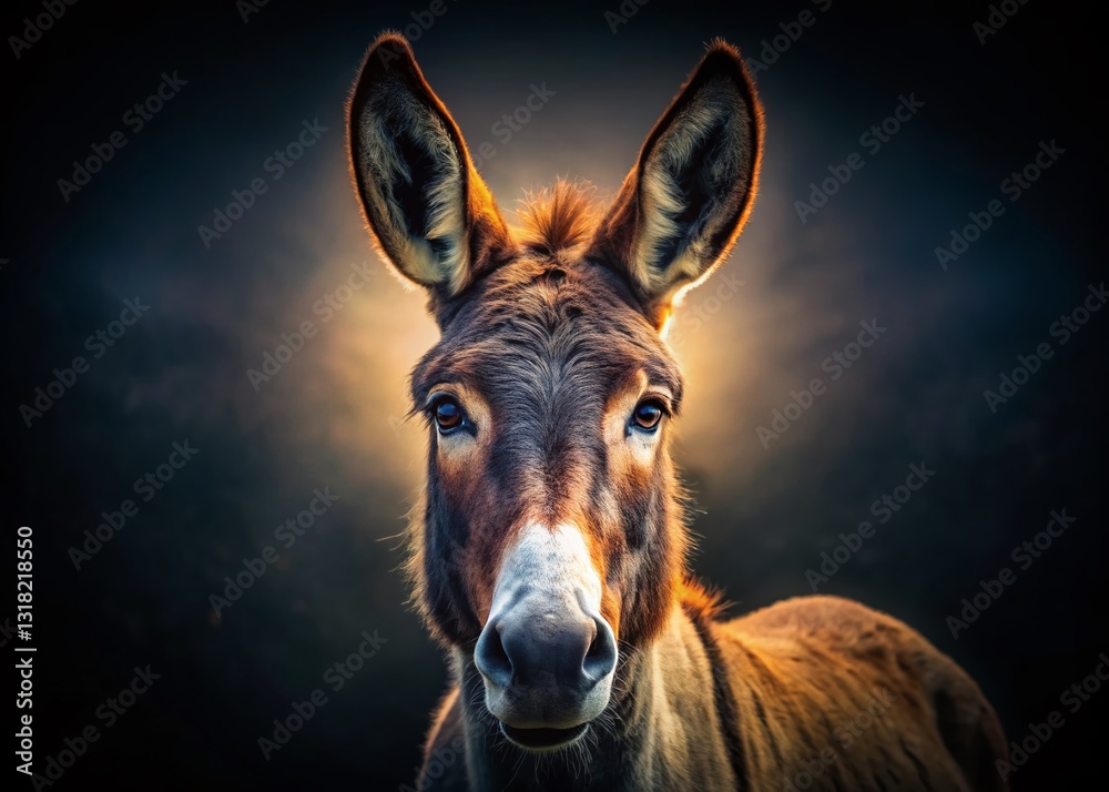 Low Light Donkey Portrait: Eeyore-esque Long-Eared Donkey Stares Intensely into the Camera Low Light Donkey Portrait: Eeyore-esque Long-Eared Donkey Stares Intensely into the Camera