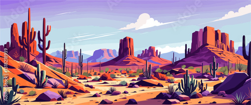 Desert landscape abstract art background. Texas western mountains and cactuses. Vector illustration of Wild West desert with red sky and sun. Design element for banner, flyer, card, sign template.