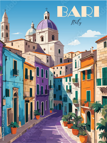 Bari, Italy Travel Destination Poster in retro style. Old city street digital print. European summer vacation, holidays concept. Vintage vector colorful illustration.