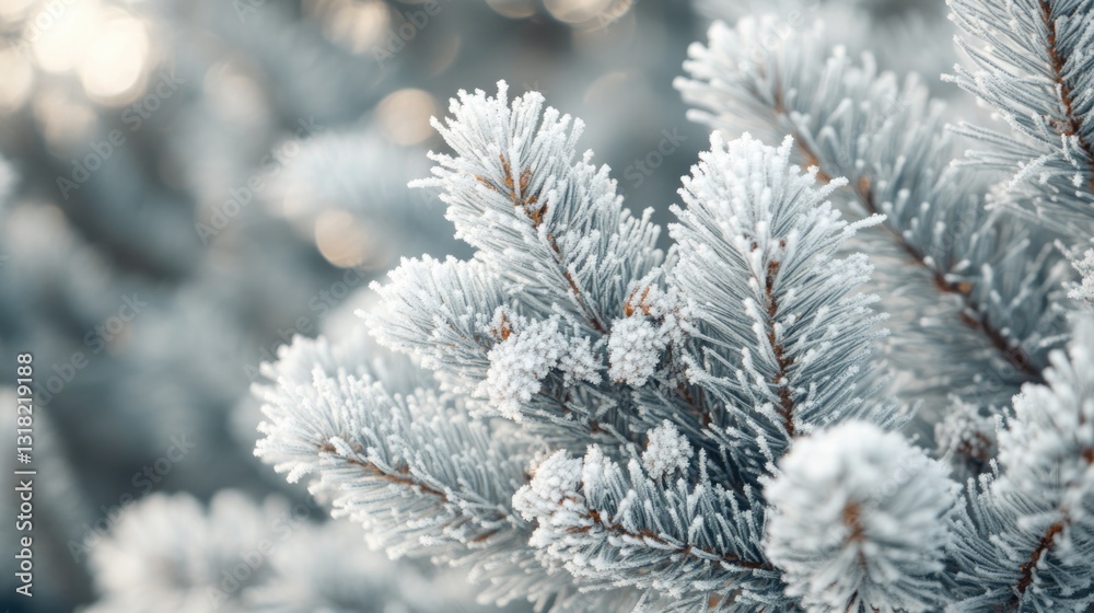 A frosty close up view of winter evergreen branches