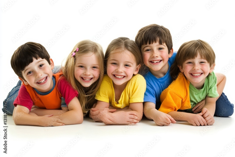 Group of kindergarten kids friends arm around sitting and smiling fun Group of kindergarten kids friends arm around sitting and smiling fun