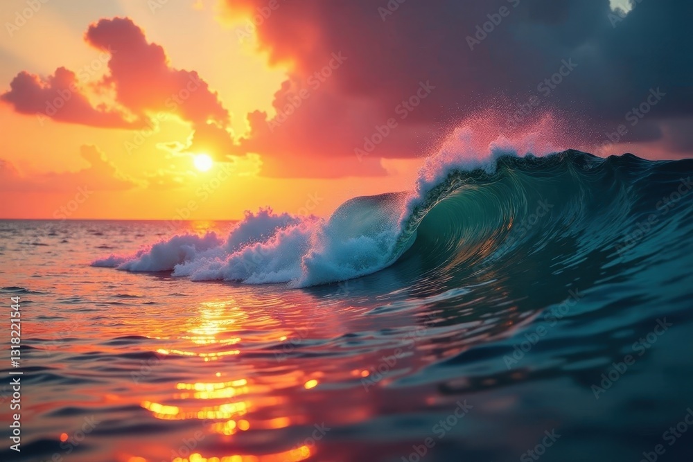 Fototapeta premium Crimson and gold hues illuminate the tranquil waves , view, sunset