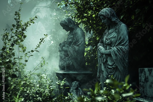A hauntingly beautiful cemetery scene featuring statues surrounded by lush greenery and mist, capturing a sense of tranquility and remembrance.