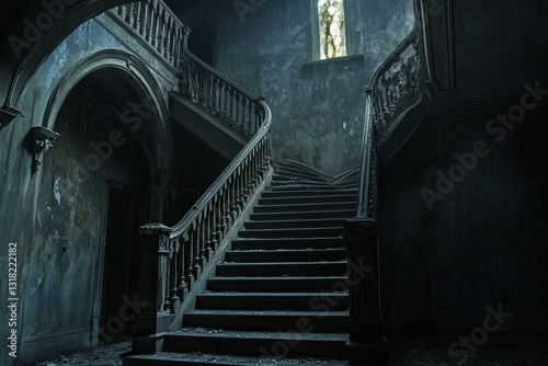 Explore the haunting beauty of an abandoned staircase in a dark interior, showcasing decay, shadows, and remnants of a forgotten past that evoke eerie emotions.