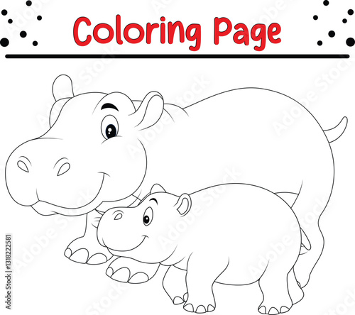 Cute Hippo animal coloring page. Jungle animal coloring book