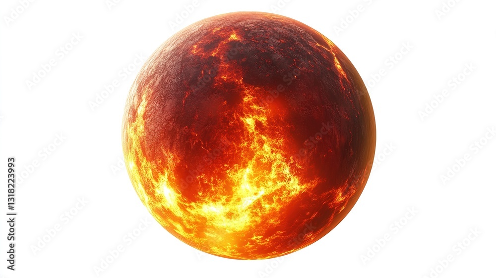 Molten Lava Planet Illustration with Fiery Red and Orange Colors: Depicting a Hot and Erupting Celestial Body. Isolated on White Background Molten Lava Planet Illustration with Fiery Red and Orange Colors: Depicting a Hot and Erupting Celestial Body. Isolated on White Background