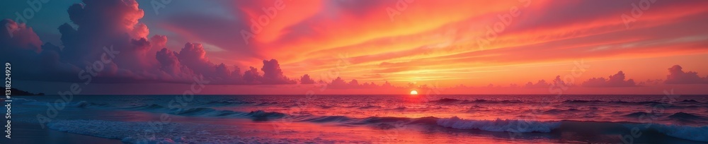 Fototapeta premium Fiery orange and pink sunset hues paint Glenelg's sky, reflecting on calm ocean waves , Australia, travel, South Australia
