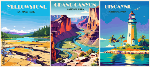 Set of Retro National Parks USA posters. Yellowstone, Grand Canyon, Biscayne vintage digital prints. Trendy printable wall art with beautiful american landscapes. Vector colorful illustrations.
