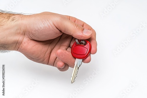 Hand holding a red car key.