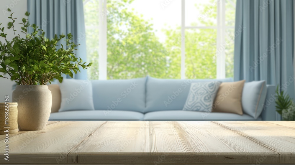 Wooden table in front of a light blue sofa and window with blurred green trees. Wooden table in front of a light blue sofa and window with blurred green trees.