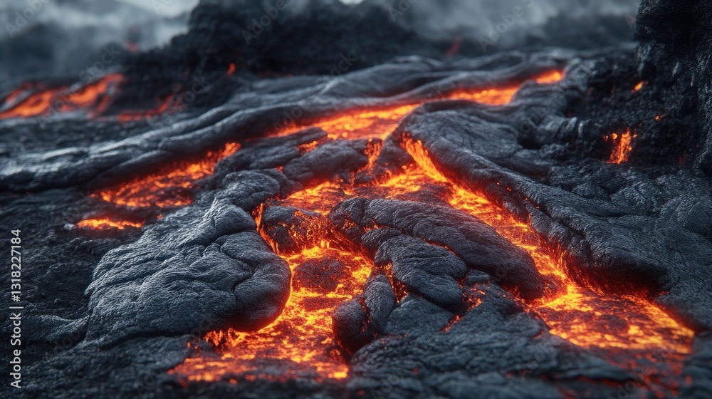 Molten Lava Flowing Between Volcanic Rock Formations Under Gloomy Skies Molten Lava Flowing Between Volcanic Rock Formations Under Gloomy Skies