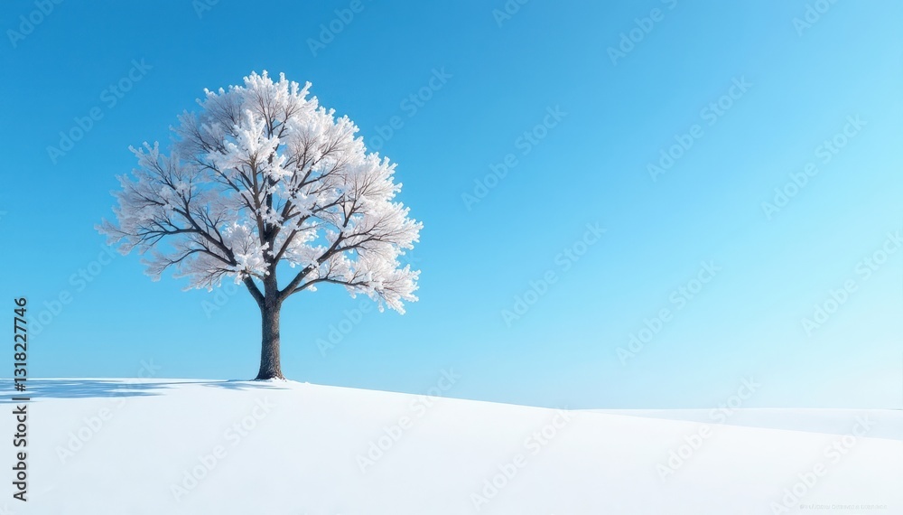 Fototapeta premium Isolated tree in pristine snow field, azure sky above, winter scene image, nature backdrop