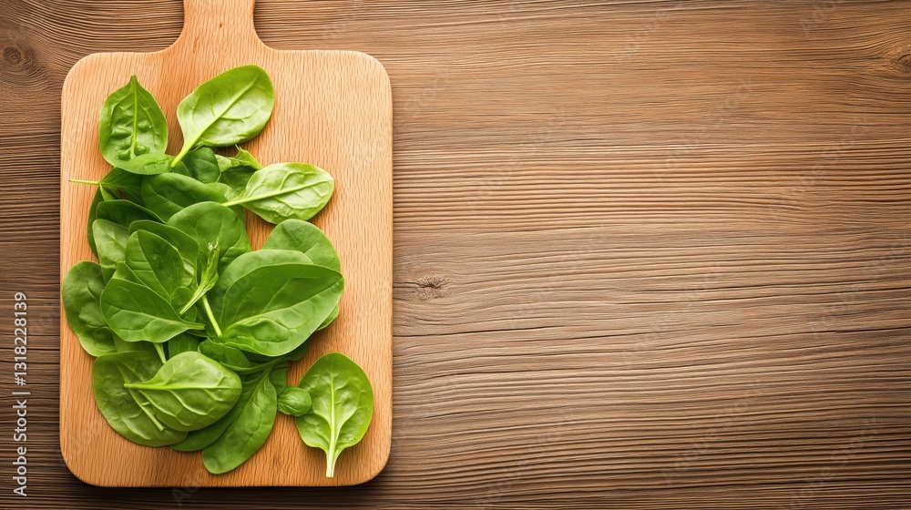 Fresh Green Spinach Leaves Arranged on a Wooden Cutting Board Against a Rustic Background Fresh Green Spinach Leaves Arranged on a Wooden Cutting Board Against a Rustic Background