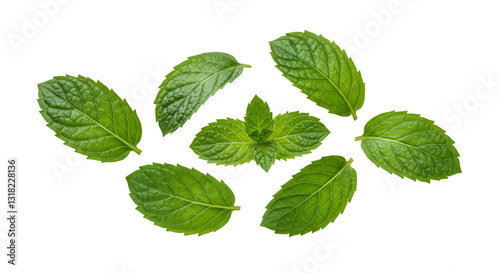 Mint leaves flying in mid-air, isolated on a transparent background
