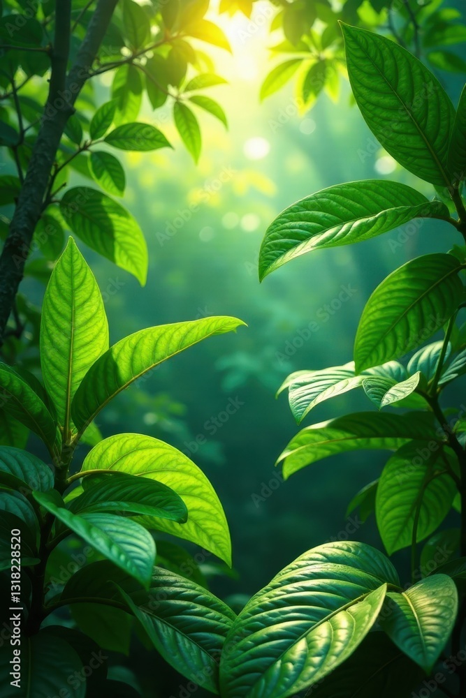 Obraz premium Lush tropical foliage, vibrant greens & yellows, sunlight dappled leaves , rainforest, pattern, vibrant
