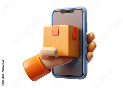A Cheerful Cartoon Hand Delivers A Package Via Smartphone, Symbolizing Fast, Reliable Online Delivery Service With A Vibrant, Playful 3d Style Isolated on Transparent Background