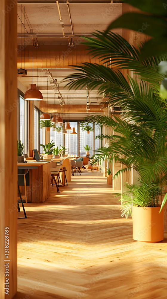 Fototapeta premium Sunlit Modern Office, Plants Enhance Workspace Design, Creating a Calm and Productive Atmosphere.