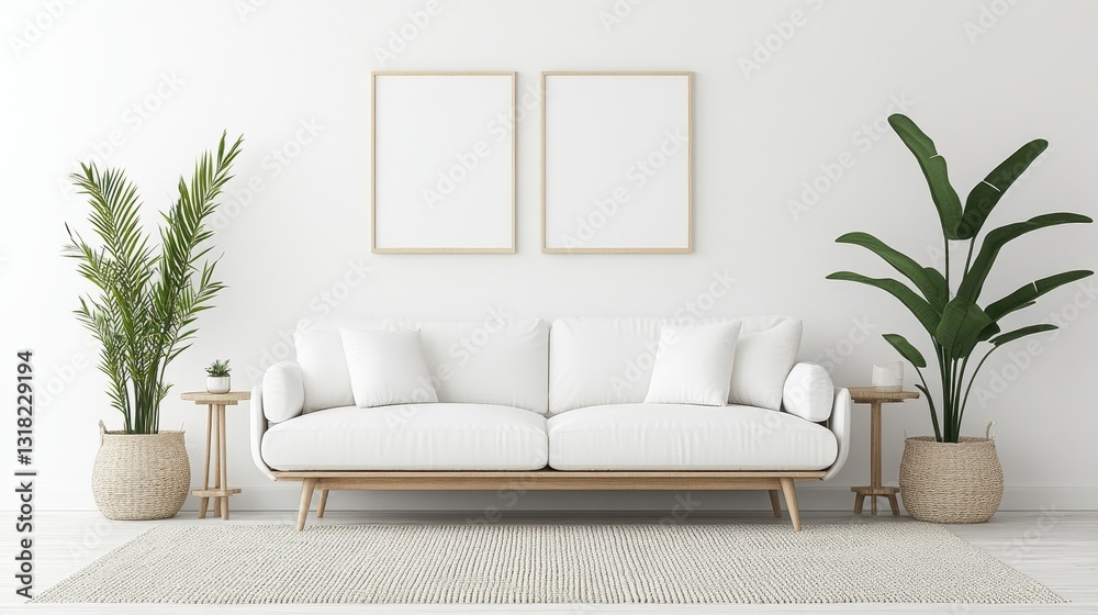 Modern Living Room with White Sofa and Green Indoor Plants Modern Living Room with White Sofa and Green Indoor Plants