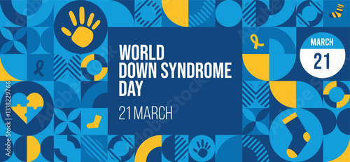 World Down Syndrome Day pattern Design. 21 March World Down Syndrome Day vector design with a ribbon and hand prints in blue and yellow colors. 21st of March background. Vector Illustration.