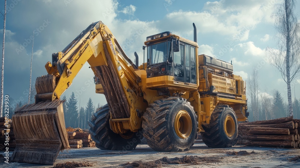 Yellow excavator near a stack of logs in a forest. Yellow excavator near a stack of logs in a forest.