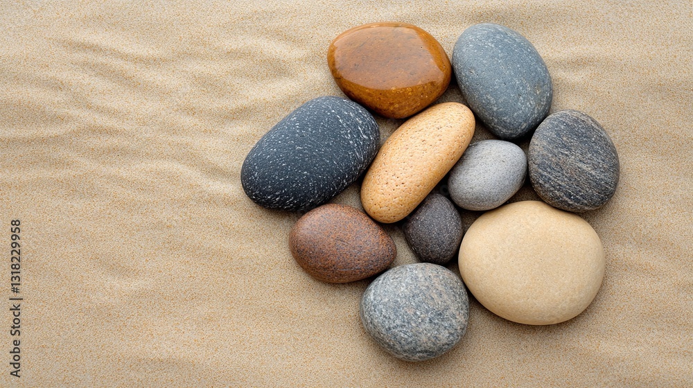 Smooth pebble arrangement on a light sand surface Smooth pebble arrangement on a light sand surface