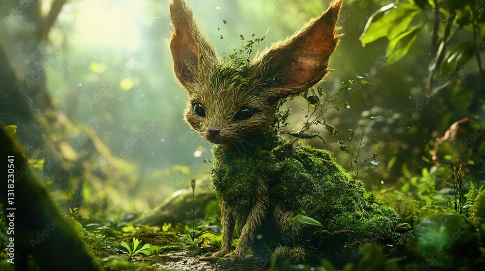 Whimsical Forest Creature with Large Ears and Mossy Fur: Enchanting and Magical Presence Amidst Lush Green Woodland. Whimsical Forest Creature with Large Ears and Mossy Fur: Enchanting and Magical Presence Amidst Lush Green Woodland.