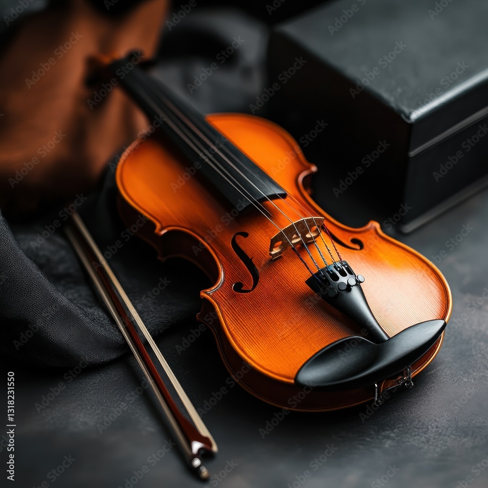 Fototapeta premium Elegant wooden violin with bow and case.