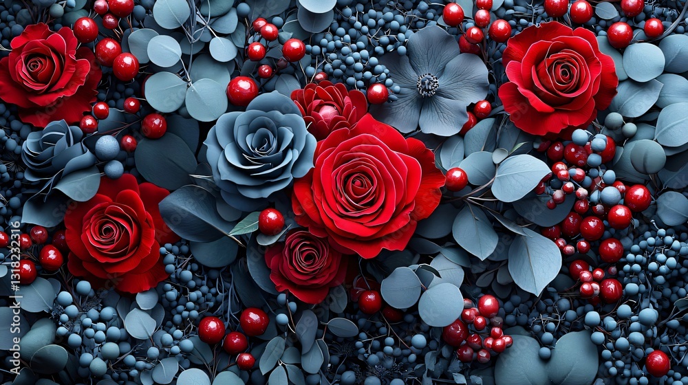 Floral arrangement, red and blue roses, berries Floral arrangement, red and blue roses, berries