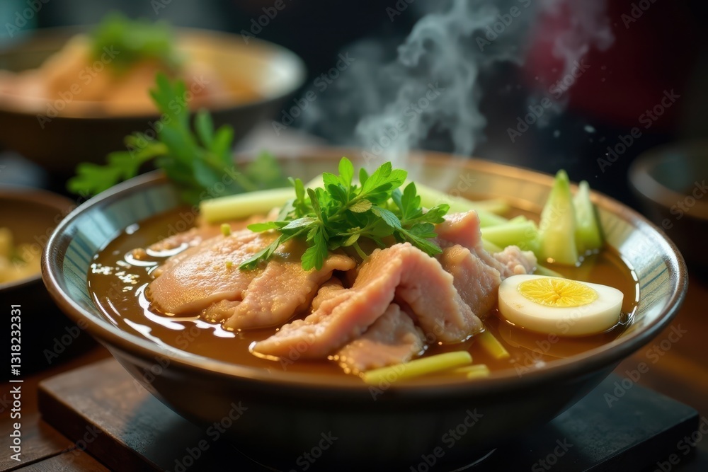 Steaming bowl of pork brain soup with celery and herbs Intense aroma, China market stall , gastronomy, steam Steaming bowl of pork brain soup with celery and herbs Intense aroma, China market stall , gastronomy, steam