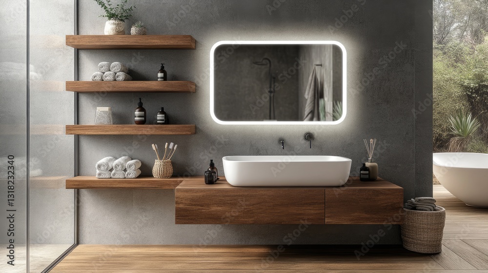A modern bathroom setup with a square LED mirror and floating accessory shelves. A modern bathroom setup with a square LED mirror and floating accessory shelves.