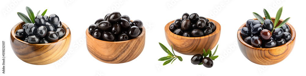 Rustic wooden bowl overflowing with black olives isolated on a transparent background. Rustic wooden bowl overflowing with black olives isolated on a transparent background.