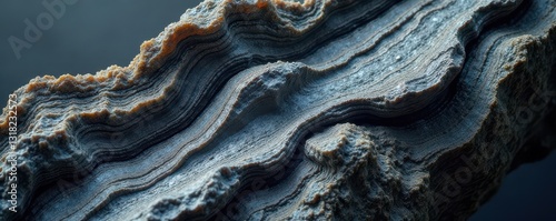 Striking grey migmatite with contrasting bands, highlighting feldspar & quartz crystals , horizontal background, macro