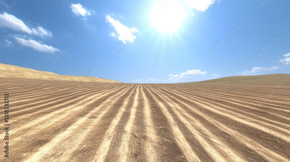 Fototapeta premium Sunlit Agricultural Field with Striking Patterns and Clear Sky